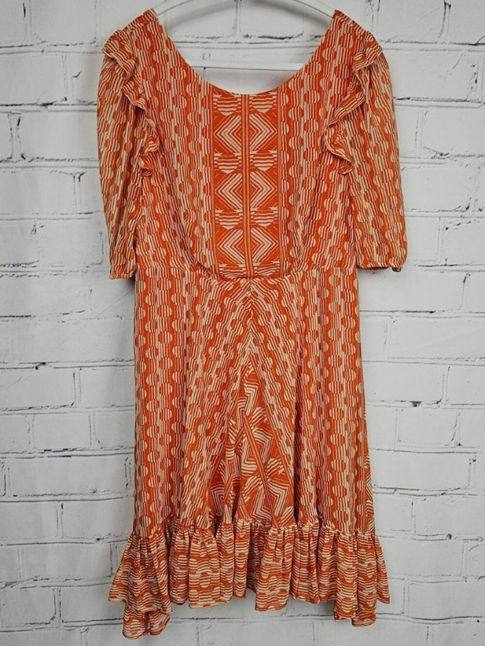 Urban Outfitters Orange Patterned Ruffle Dress Womens L Knee Length Flowy Girly